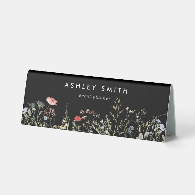 Black Wildflower Meadow Name Plate Desk Sign (Front)
