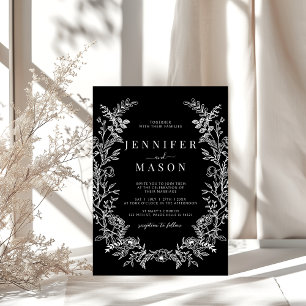 Black wildflower wreath rustic floral wedding invitation