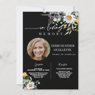 Black Wildflowers Funeral Memorial Service Photo Invitation