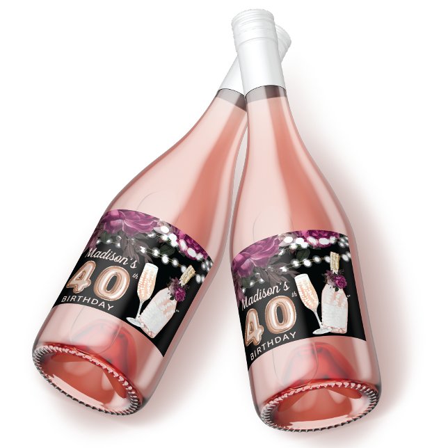 Black Wine Luxury 40th Birthday Personalised Sparkling Wine Label (Creator Uploaded)