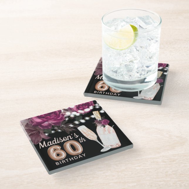 Black Wine Personalised Luxury 60th Birthday Glass Coaster (Angled)