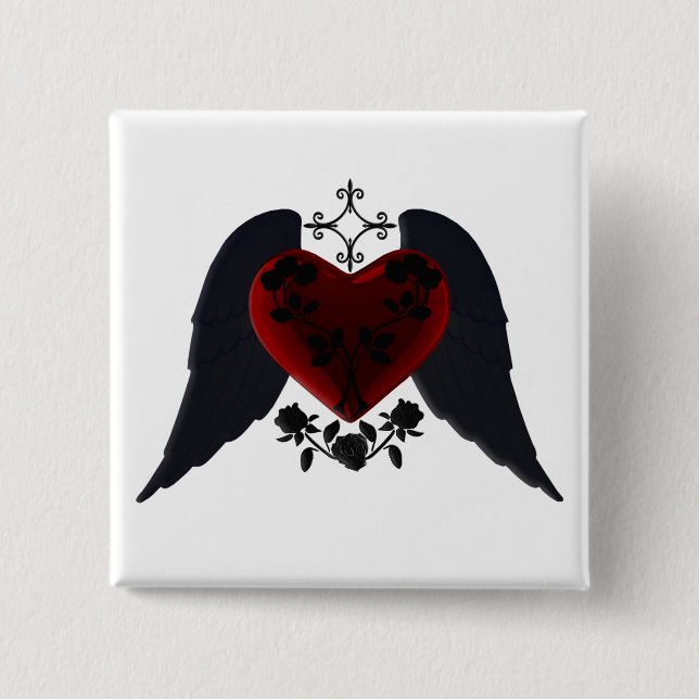 Black Winged Goth Heart Button (Front)