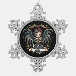 Black Wings Christmas Angel Snowflake Pewter Christmas Ornament