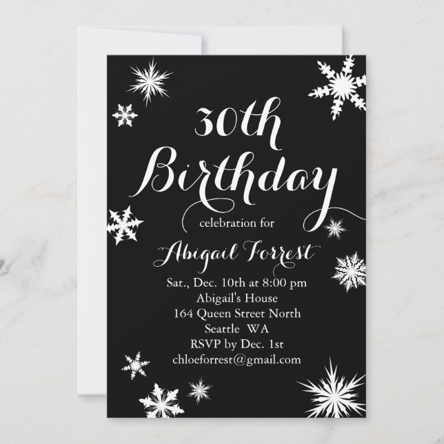 Black Winter 30th Birthday Invitation (Front)