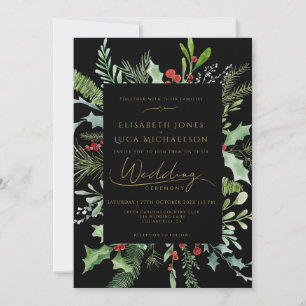 Black Winter Berry Leaf Botanical Monogram Wedding Invitation