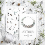 Black Winter Berry Wreath Merry Christmas Script H Holiday Card<br><div class="desc">What better way to spread holiday cheer than with our Black Winter Berry Wreath Merry Christmas Holiday Card? This beautiful card features a modern, black and white wreath adorned with botanical elements like pine cones and berries. The word "Merry" is elegantly written in a script font, making this the perfect...</div>