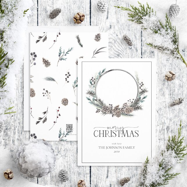 Black Winter Berry Wreath Merry Christmas Script H Holiday Card (Creator Uploaded)