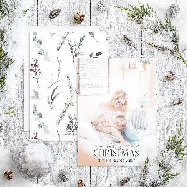 Black Winter Botanical Merry Christmas Photo Holid Holiday Card (Creator Uploaded)