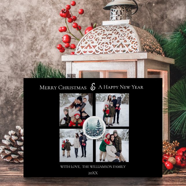 Black Winter Forest Floral Photo Collage Holiday Card (Black Winter Forest Floral Photo Collage Holiday Card)
