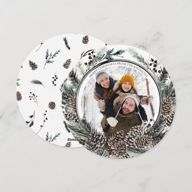 Black Winter Pine Cone Wreath Round Photo Holiday  Card (Front/Back)