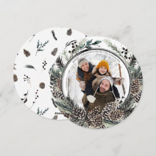 Black Winter Pine Cone Wreath Round Photo Holiday  Card