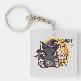 Black Witch Cat Halloween Cat Key Ring