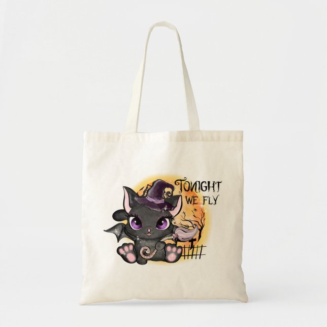 Black Witch Cat | Halloween Cat Tote Bag (Front)