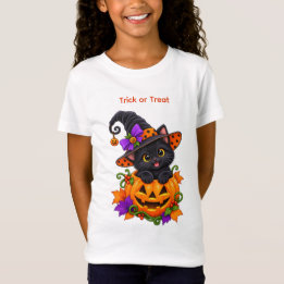 Black Witch Cat in Halloween Pumpkin Custom T-Shirt