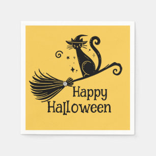 Black Witch Cat on Broomstick Halloween Napkin