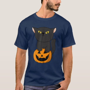 Black Witch Cat With Jack O Lantern Pumpkin T-Shirt