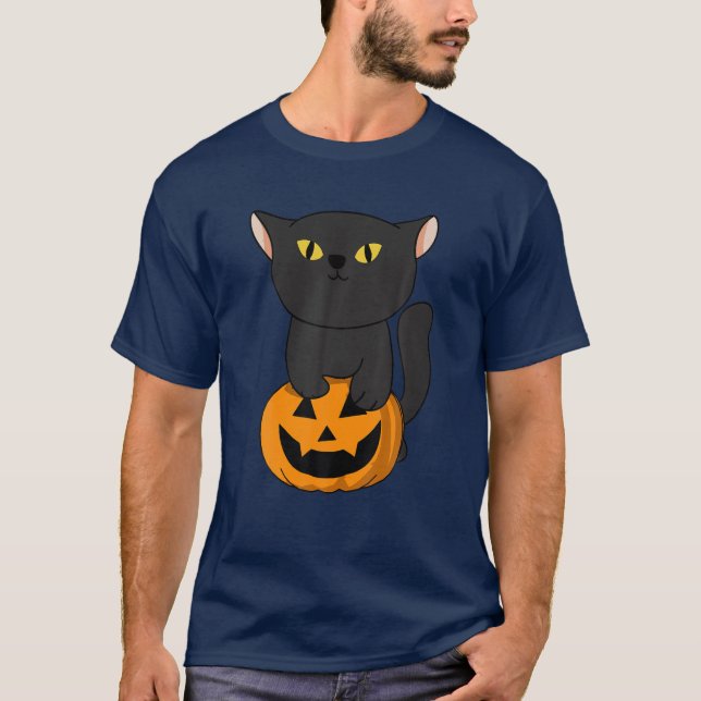 Black Witch Cat With Jack O Lantern Pumpkin T-Shirt (Front)
