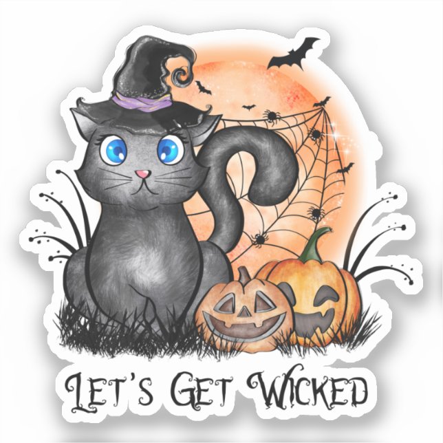 Black Witch Cat with Spider Web & Jack-O'-Lanterns (Front)