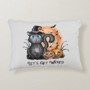 Black Witch Cat with Spider Web & Jack-O'-Lanterns Decorative Cushion