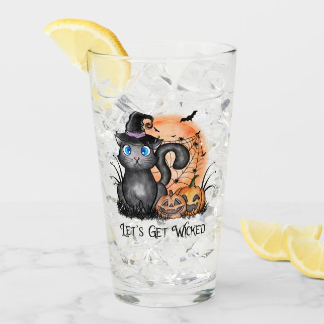 Black Witch Cat with Spider Web & Jack-O'-Lanterns Glass (Front Ice)