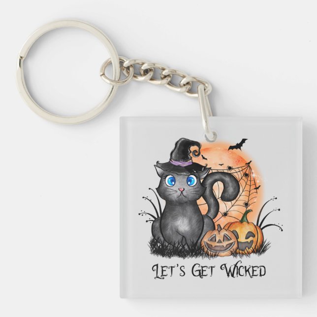 Black Witch Cat with Spider Web & Jack-O'-Lanterns Key Ring (Front)