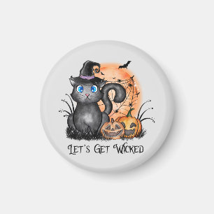 Black Witch Cat with Spider Web & Jack-O'-Lanterns Magnet