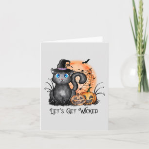 Black Witch Cat with Spider Web & Jack-O'-Lanterns Note Card