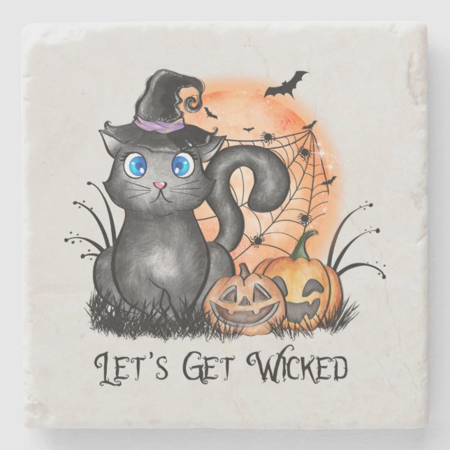 Black Witch Cat with Spider Web & Jack-O'-Lanterns Stone Coaster (Front)