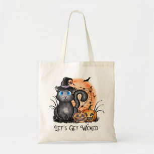Black Witch Cat with Spider Web & Jack-O'-Lanterns Tote Bag