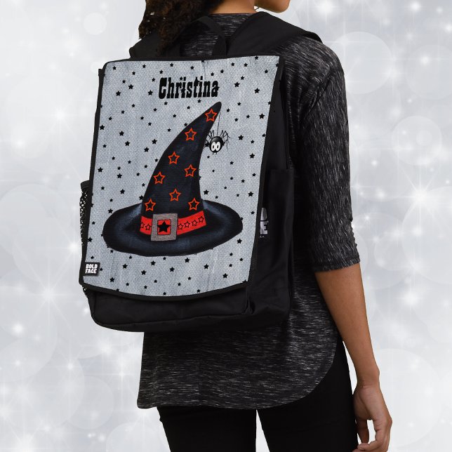 Black Witch Hat Orange Stars Sash Dangling Spider Backpack (Black witch hat orange stars dangling spider with black stars on white back pack.)