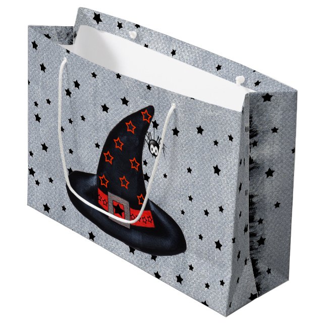Black Witch Hat Stars Cute Spider Halloween Large Gift Bag (Front Angled)