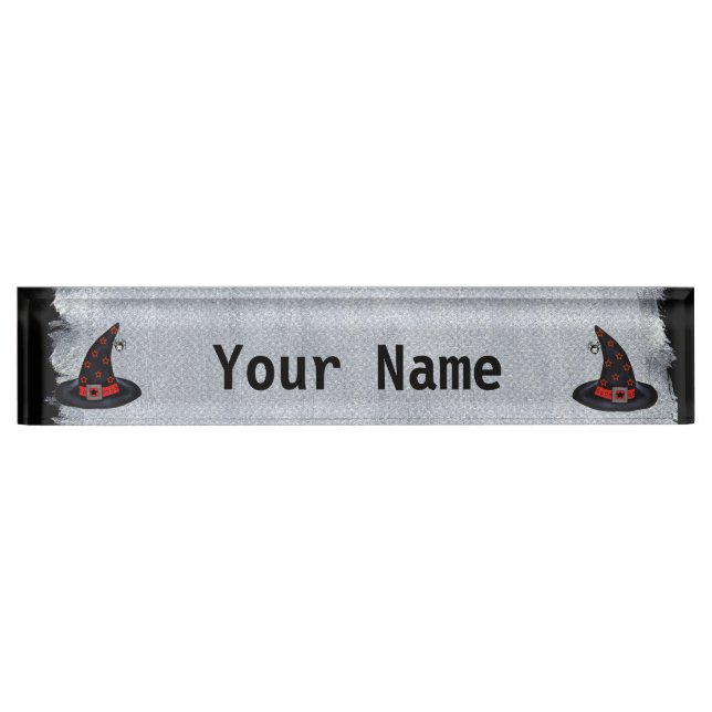 Black Witch Hat Stars Cute Spider Halloween Nameplate (Front)
