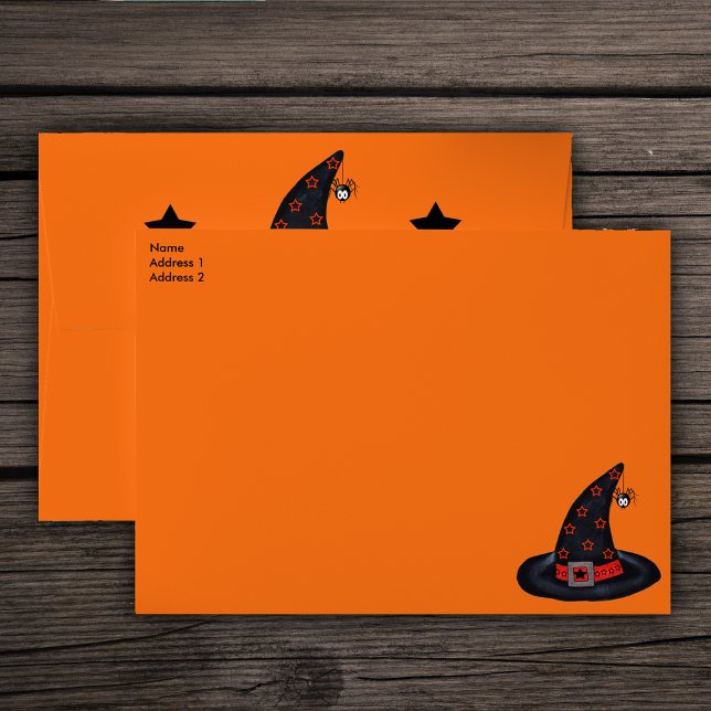 Black Witch Hat Stars Spider Halloween Samhain Inv Envelopes (Black Witch hats and stars with cute dangling spider on orange Halloween themed mailing envelopes.)