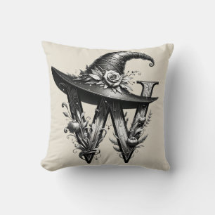 Black Witch Hat Witchy Letter W Custom Initial Cushion