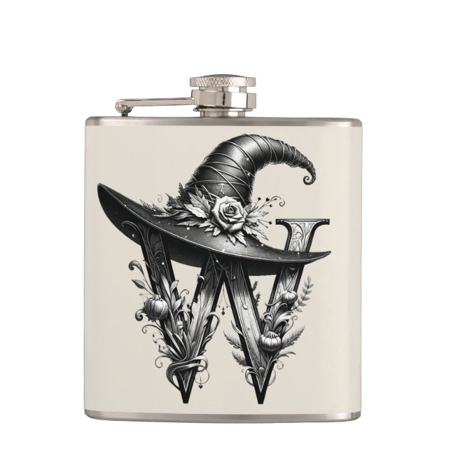 Black Witch Hat Witchy Letter W Custom Initial  Hip Flask (Front)