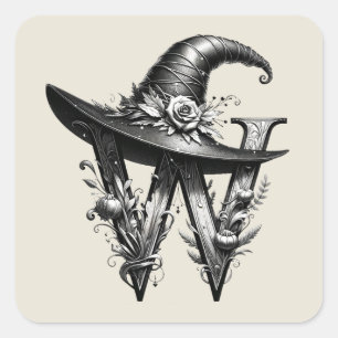 Black Witch Hat Witchy Letter W Custom Initial  Square Sticker