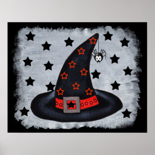 Black Witch Hat With Stars and Spider Poster
