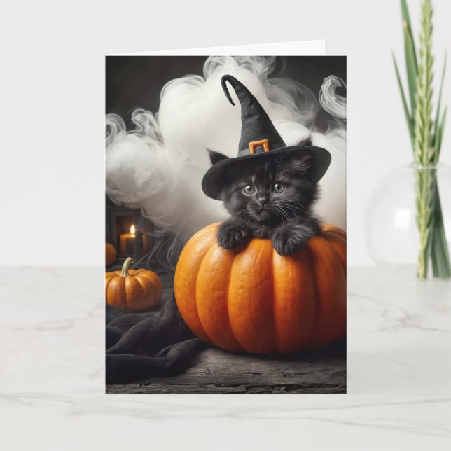 Black Witch Kitten In Halloween Pumpkin Card (Front)