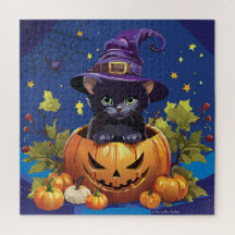 Black Witch Kitten Pumpkin Square Puzzle 676 piece