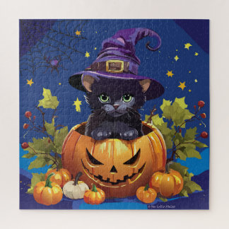 Black Witch Kitten Pumpkin Square Puzzle 676 piece