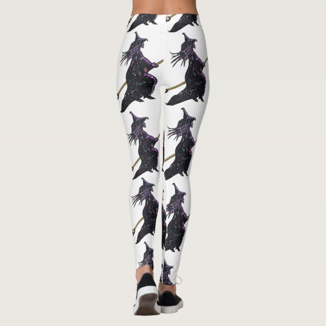 Black Witch on Broomstick White Halloween Leggings (Back)