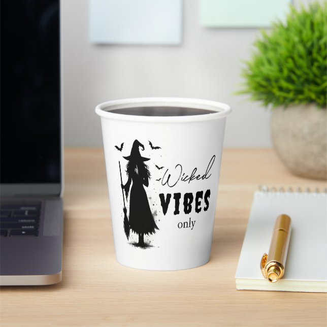 Black Witch Silhouette – "Wicked Vibes Only" -  Paper Cups (Insitu)
