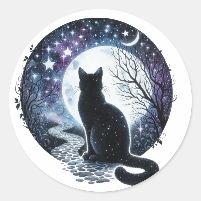 Black Witches Cat Halloween Stickers (Front)
