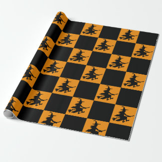 Black Witches on Orange Chequered Wrapping Paper