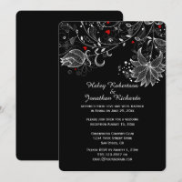 Black with Abstract White Flowers Red Hearts