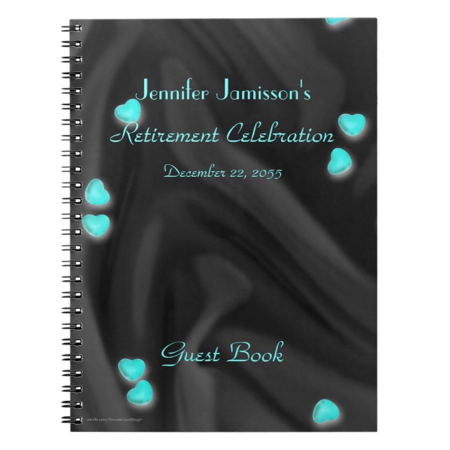 Black with Aqua Hearts Retirement Party Guest Book (Front)