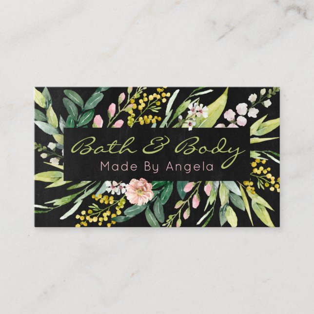 Black With Blooms Handmade Spa Bath And Body Business Card (Front)