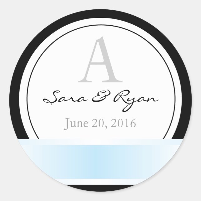 Black with blue ribbon & monogram wedding sticker (Front)