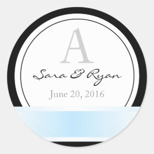 Black with blue ribbon & monogram wedding sticker
