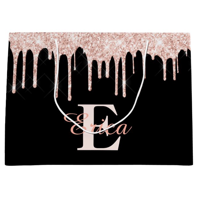 Black with Blush Pink Gold Glitter - Monogrammed Large Gift Bag (Front)